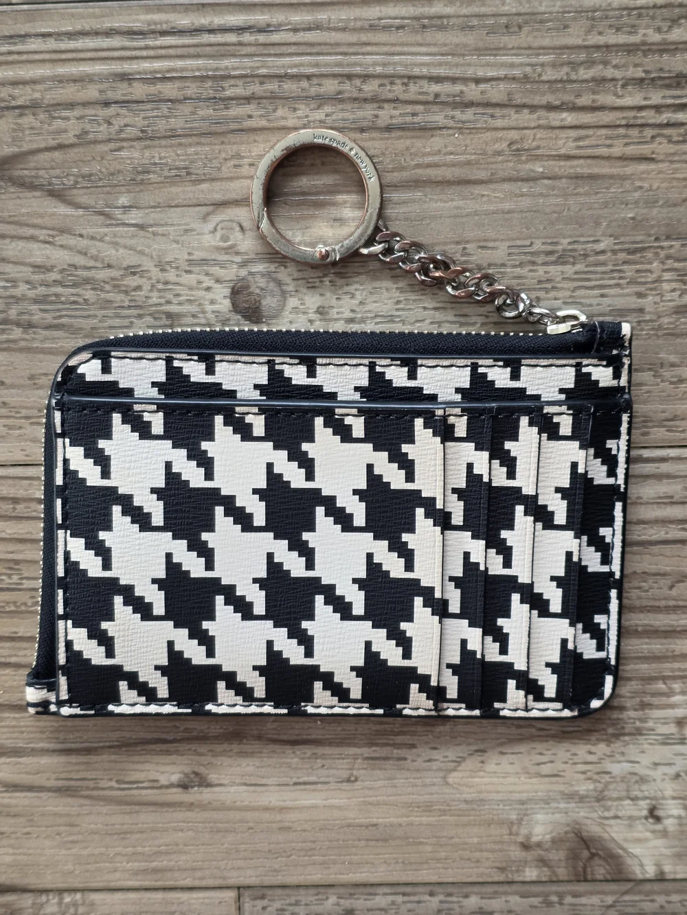 kate spade houndstooth zip key pouch - black & white